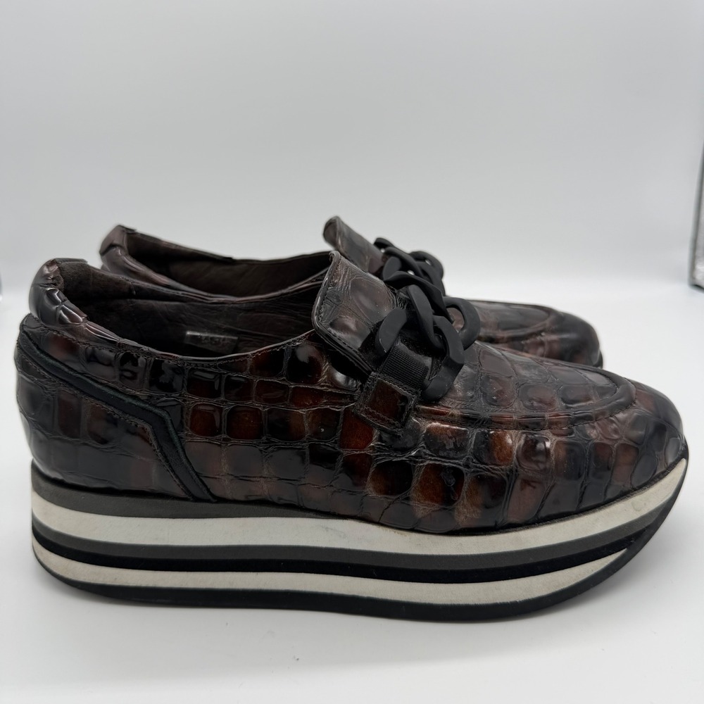 Womens Softwaves Alicia Brown Croc Embossed Leather Platform Loafers Chain 37.5 - Picture 3 of 9